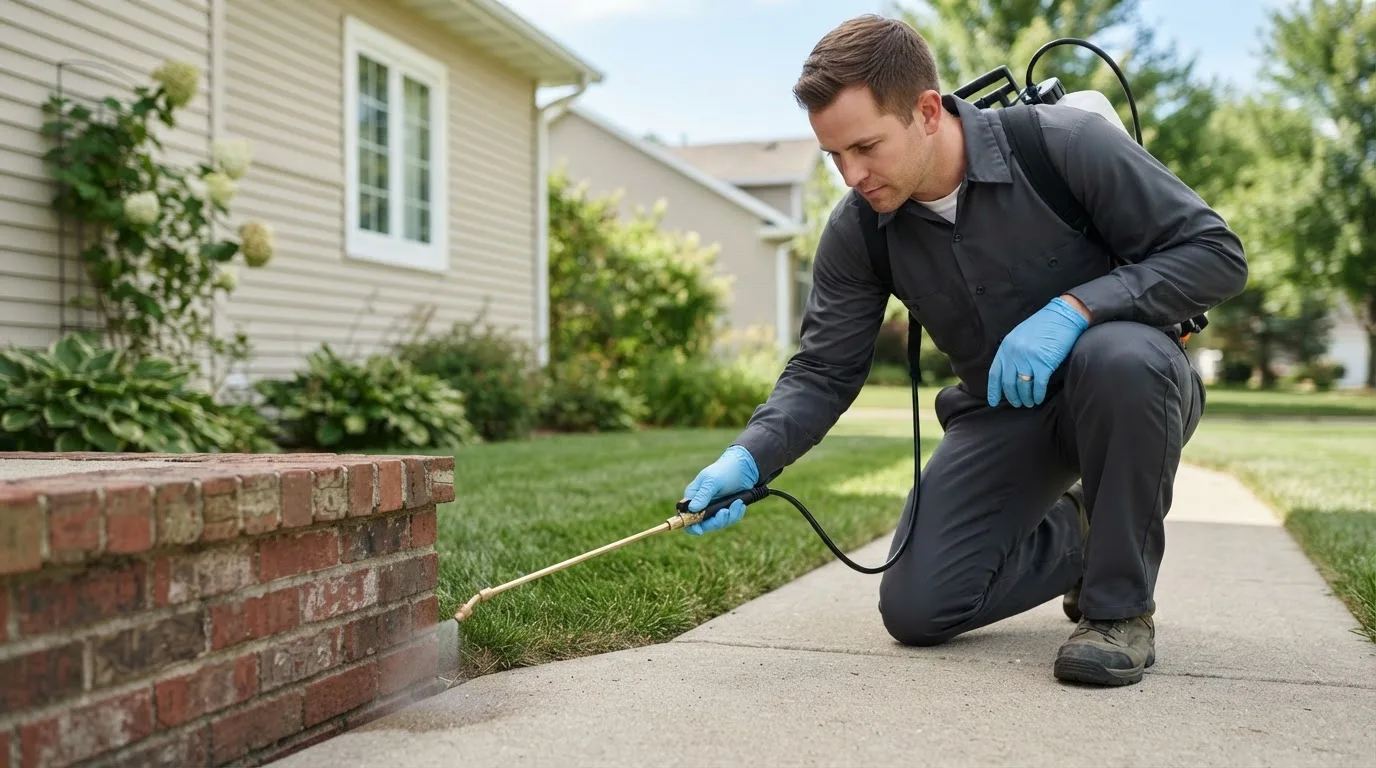 Pest control technician treating a home near Leonard, TX