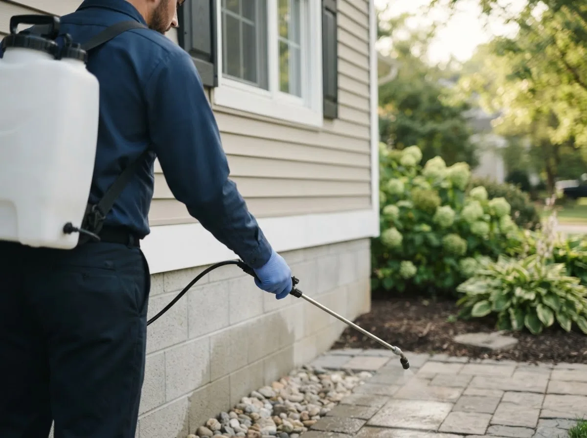 Pest control technician inspecting a home in Leonard, TX